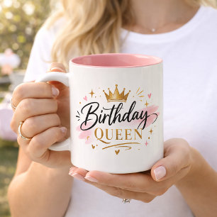 Taza Bicolor Reina de Cumpleaños Escritura Elegante con Corona