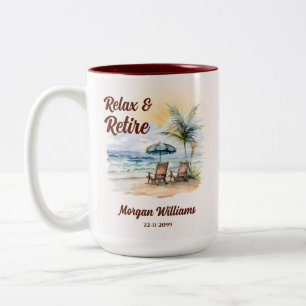 Taza Bicolor Relájate y Retírate Silla de Playa Tropical Jubila