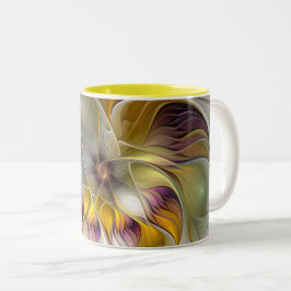 Taza Bicolor Resumen de fantasía colorida Flor Fractal Moderno