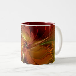 Taza Bicolor Resumen Naranja rojo Brown Flor de arte fractal ve