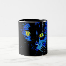 Taza Bicolor Retrato artístico de gato negro con E amarillo lla