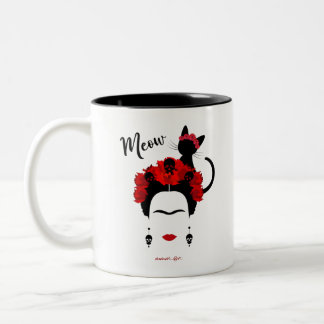 Taza Bicolor Retrato de Frida Kahlo y lindo gato mexicano