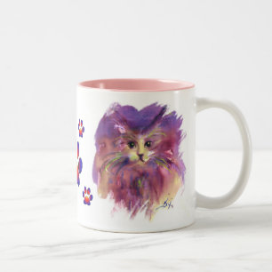TAZA BICOLOR RETRATO DE GATO MORADO CON PATAS COLORIDAS
