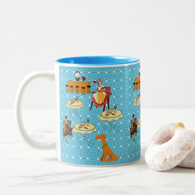 Taza Bicolor Retro Mujer Dinning Dog Mug (Con donut)