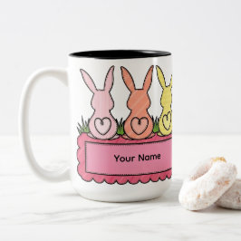 Taza Bicolor Retro Stitched Easter Bunny Trio Custom Text Banne