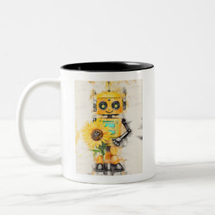 Taza Bicolor Robot amarillo lindo de juguete sosteniendo un gir