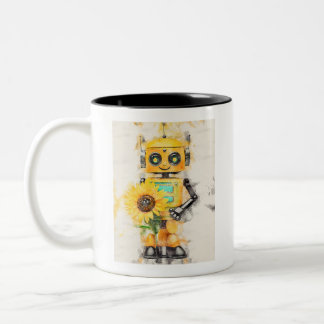 Taza Bicolor Robot amarillo lindo de juguete sosteniendo un gir