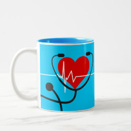 Taza Bicolor Rojo Corazón EKG y Stethoscope Azul Médico  