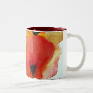 Taza Bicolor Rojo Poppies acuarela arte floral moderno