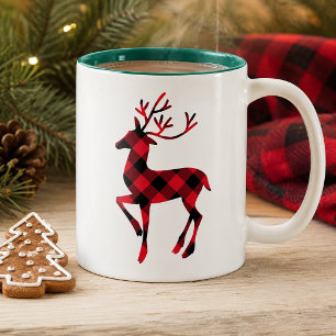Taza Bicolor Rojo Rústico Reno de Cuadros Búfalo Navidad