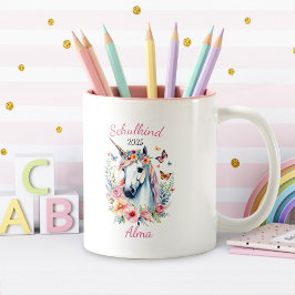 Taza Bicolor Romantisches Einhorn mit Blumen - Schulkind 2025 |