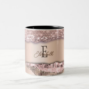 Taza Bicolor Rosa Dourado Tendência Diamantes Brillo Monograma