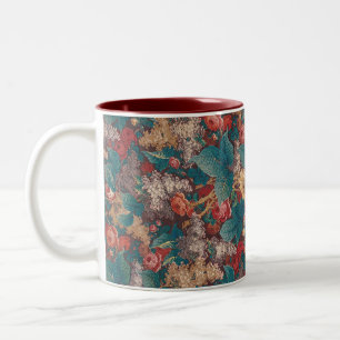 Taza Bicolor Rosa, Lila, Patrón de Hojas Grandes Jardín Vintage