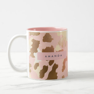 Taza Bicolor Rosa Personalizado y Estampado de Leopardo Dorado