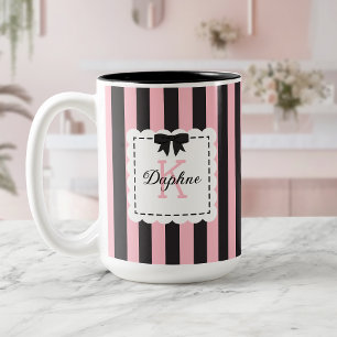 Taza Bicolor Rosa Preparado con Rayas Negras Lazo Monogramado