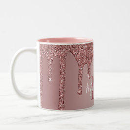 Taza Bicolor Rosa Purpurina de goteo de glam dorado Monograma