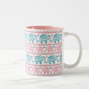 Taza Bicolor Rosa y modelo étnico verde azulado del elefante