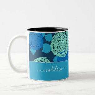 Taza Bicolor Rosas azules de Aqua verde azulados Monograma Nomb