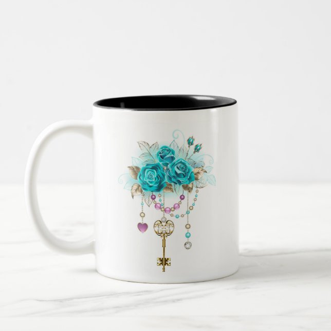 Taza Bicolor Rosas turquesas con llaves (Izquierda)