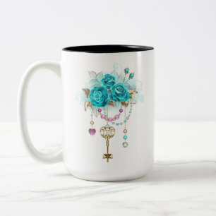Taza Bicolor Rosas turquesas con llaves