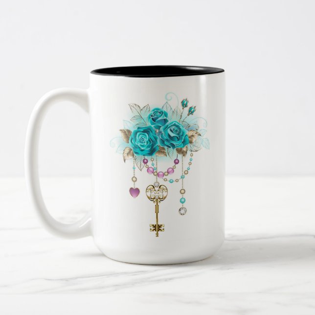 Taza Bicolor Rosas turquesas con llaves (Izquierda)