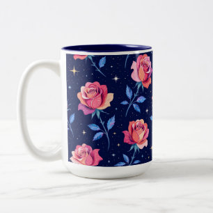Taza Bicolor Rosas Vibrantes Contra Cielo Nocturno Estrellado