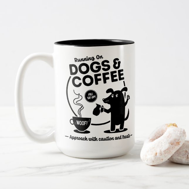Taza Bicolor Running on Dogs and Coffee 15 oz. (Con donut)