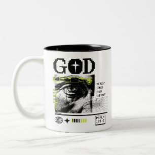 Taza Bicolor Salmo 121:2 Neon Lima Ojo de Dios Arte Glitch CRT