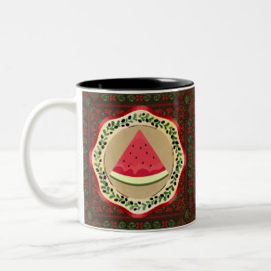 Taza Bicolor sandía en plato de oliva con tatreez palestino