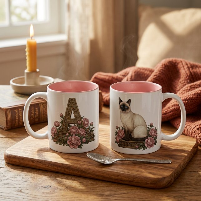Taza Bicolor Siamese Cat Monogram Mug (Siamese Cat Monogram Mug - Personalized Initial Mug -Elegant Cat Lover Gift - Blue Eyes Cat Coffee )