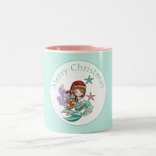 Taza Bicolor Sirena Navideña Adorable con Gorro de Santa Rosa y