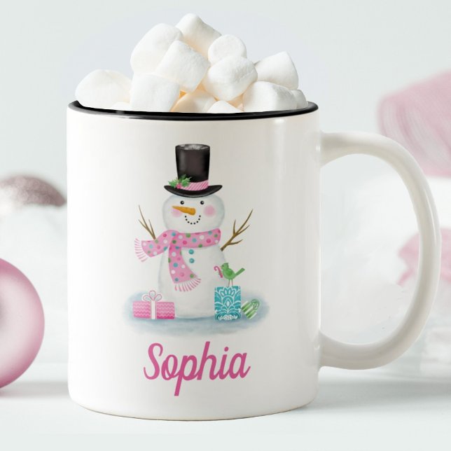 Taza Bicolor Snowman rosa lindo personalizado (Personalize this cute pink snowman mug with your name. So fun for christmas!)