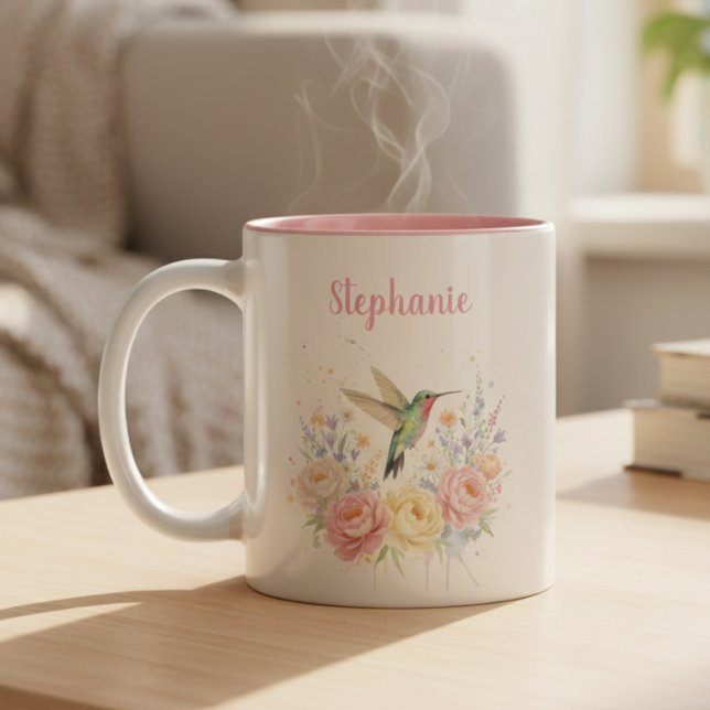 Taza Bicolor Soft Pastel Hummingbird Floral (Floral Hummingbird Pesonalized pink coffee mug)