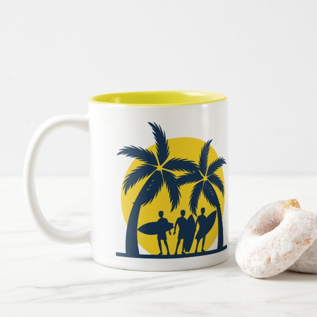 Taza Bicolor Sol de surf y palmeras frescas surf (Con donut)