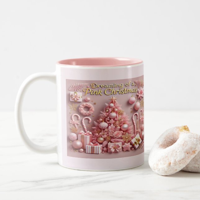Taza Bicolor Soñando con una Navidad Rosa  (Con donut)