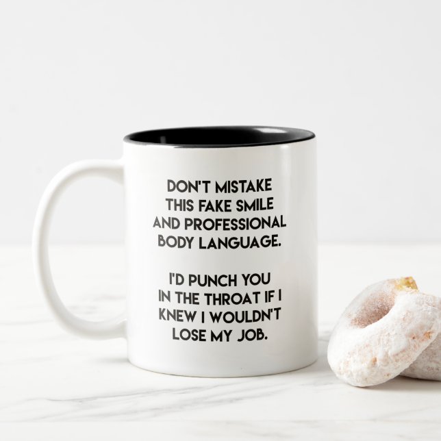 Taza Bicolor Sonrisa falsa - Cita divertida y sarcástica (Con donut)