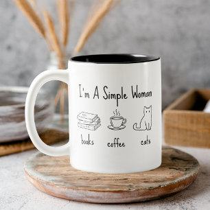 Taza Bicolor Soy una mujer sencilla Libros Café Gatos Café de d
