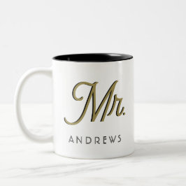 Taza Bicolor Sr. Modern Black Script Personalized Boda