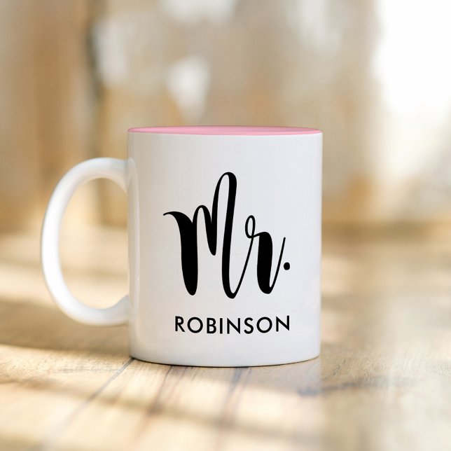 Taza Bicolor Sr. Modern Script Monogram Boda (Subido por el creador)