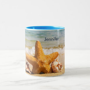 Taza Bicolor Starfish and Seashells on the Beach Personalized