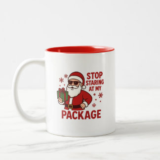 Taza Bicolor Stop Staring at My Package Santa Two-Tone Mug
