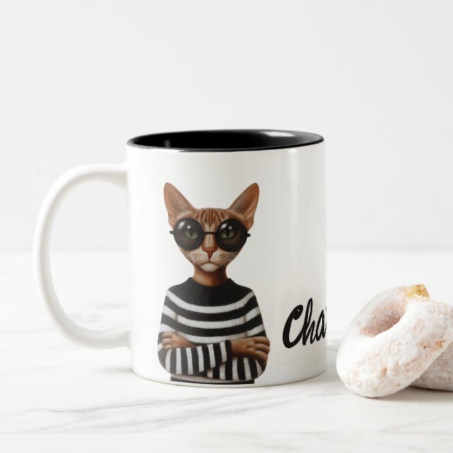 Taza Bicolor Stylish Cat With Round Glasses (Con donut)