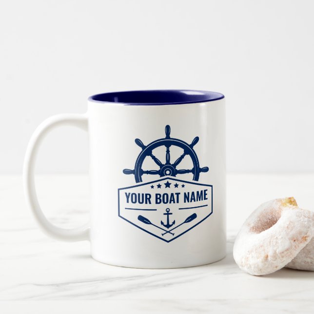 Taza Bicolor Su nombre de barco Nautical Anchor Oars Helm Navy (Con donut)