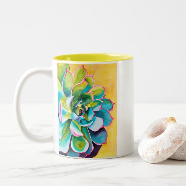 Taza Bicolor Suculenta botánica acuarela (Con donut)