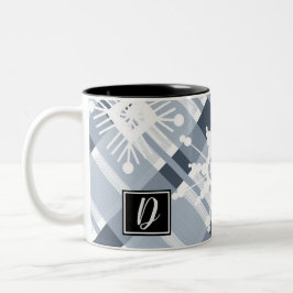 Taza Bicolor Suéter azul cuadros inicial copo de nieve Navidad