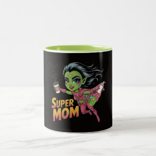 Taza Bicolor Super Mamá Alien Hero Chibi Vector Dibujo Animado