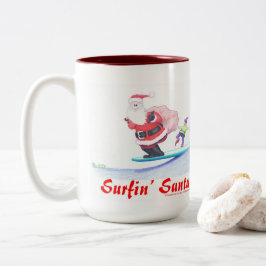 Taza Bicolor Surfin Santa Claus and a bailin' elf!