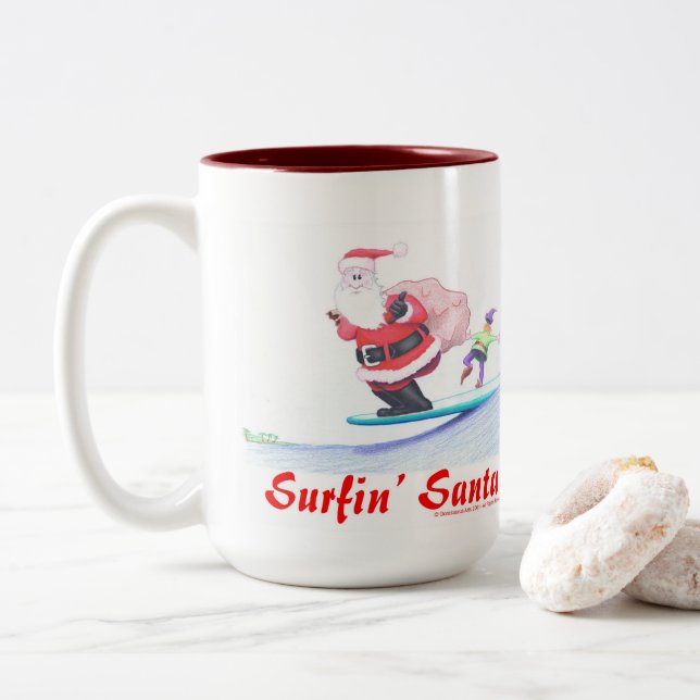 Taza Bicolor Surfin Santa Claus and a bailin' elf! (Con donut)