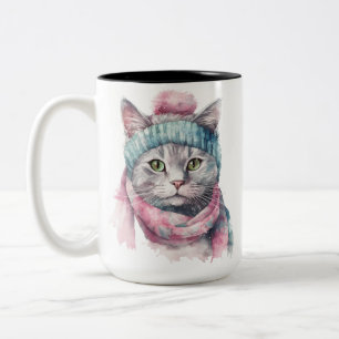 TAZA BICOLOR TABBY GRIS DE COLOR AGUA CON GORRA ROSA Y AZUL
