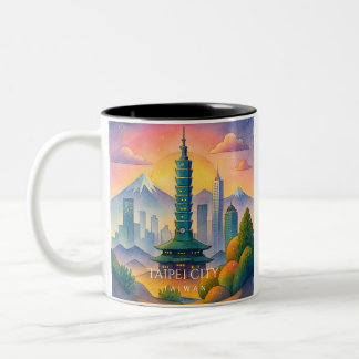 Taza Bicolor Taipei City Taiwan Skyline Watercolor Mug